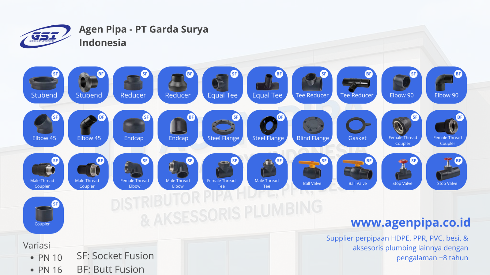 LIST SOCKET FUSION & BUTT FUSION PIPA HDPE, AKSESORIS PIPA HDPE, SOCKET FUSION BUFF FUSION, GARDA SURYA INDONESIA, AGEN PIPA